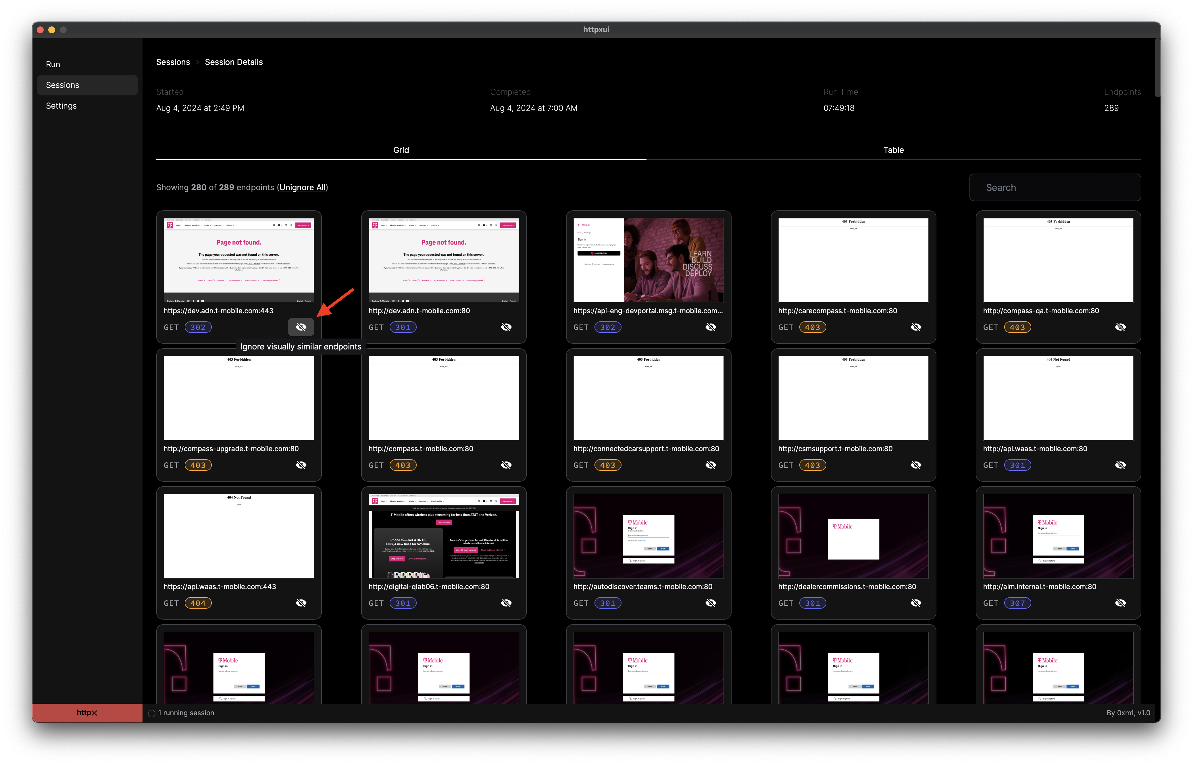 Session Details - Grid View screen