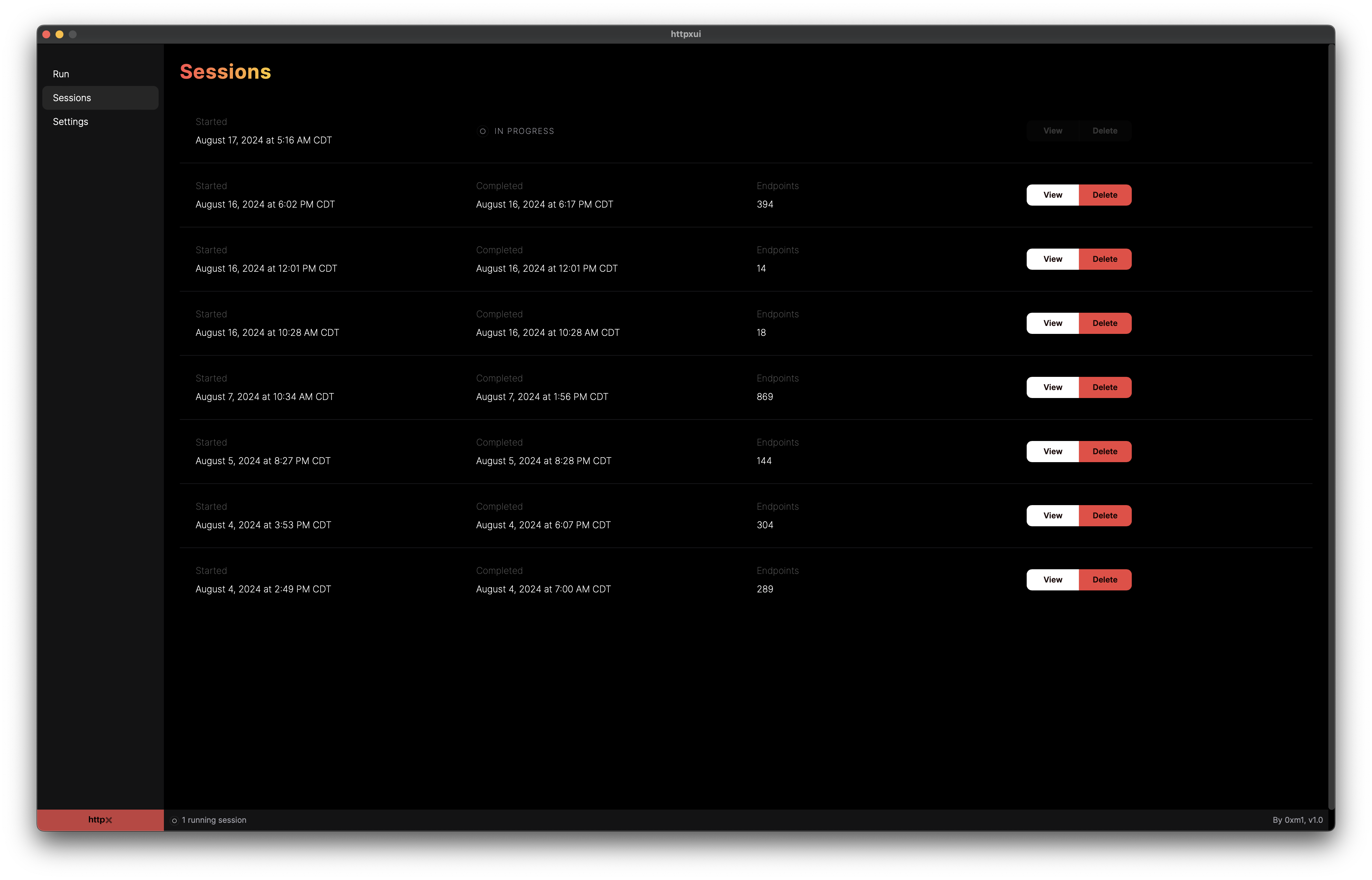 Sessions Overview screen