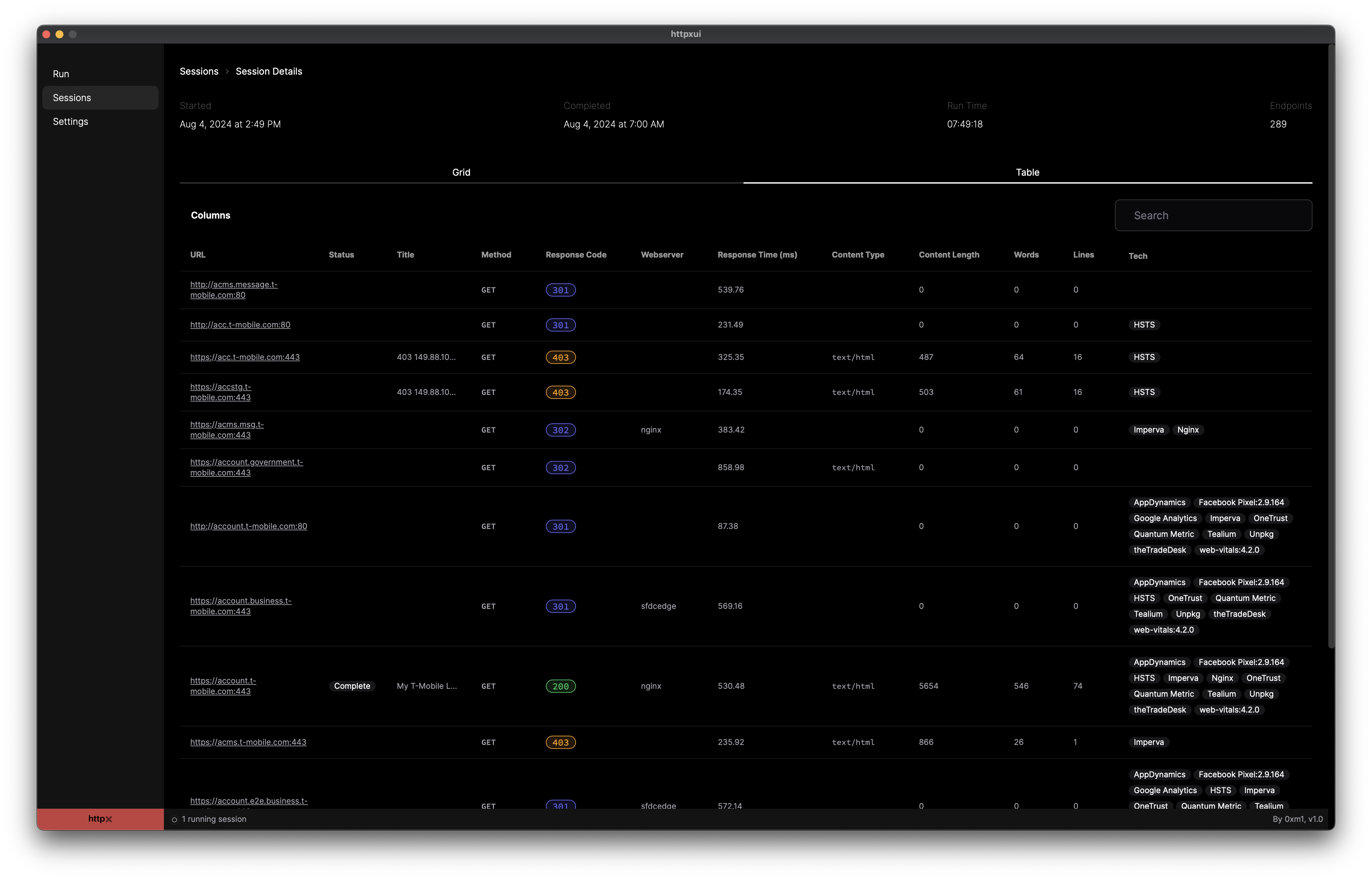 Session Details - Table View screen